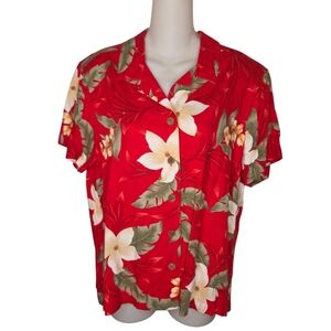 Caribbean Joe Vintage Women's Rayon Hawaiian Button-Down Blouse Top Size PL